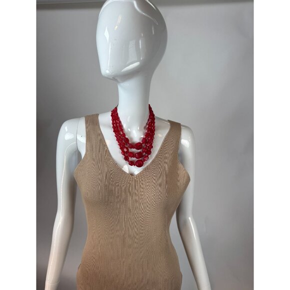 Vintage Triple-Strand Red Lucite Beaded Necklace With Brass Findings & Hook Clas - Picture 15 of 16